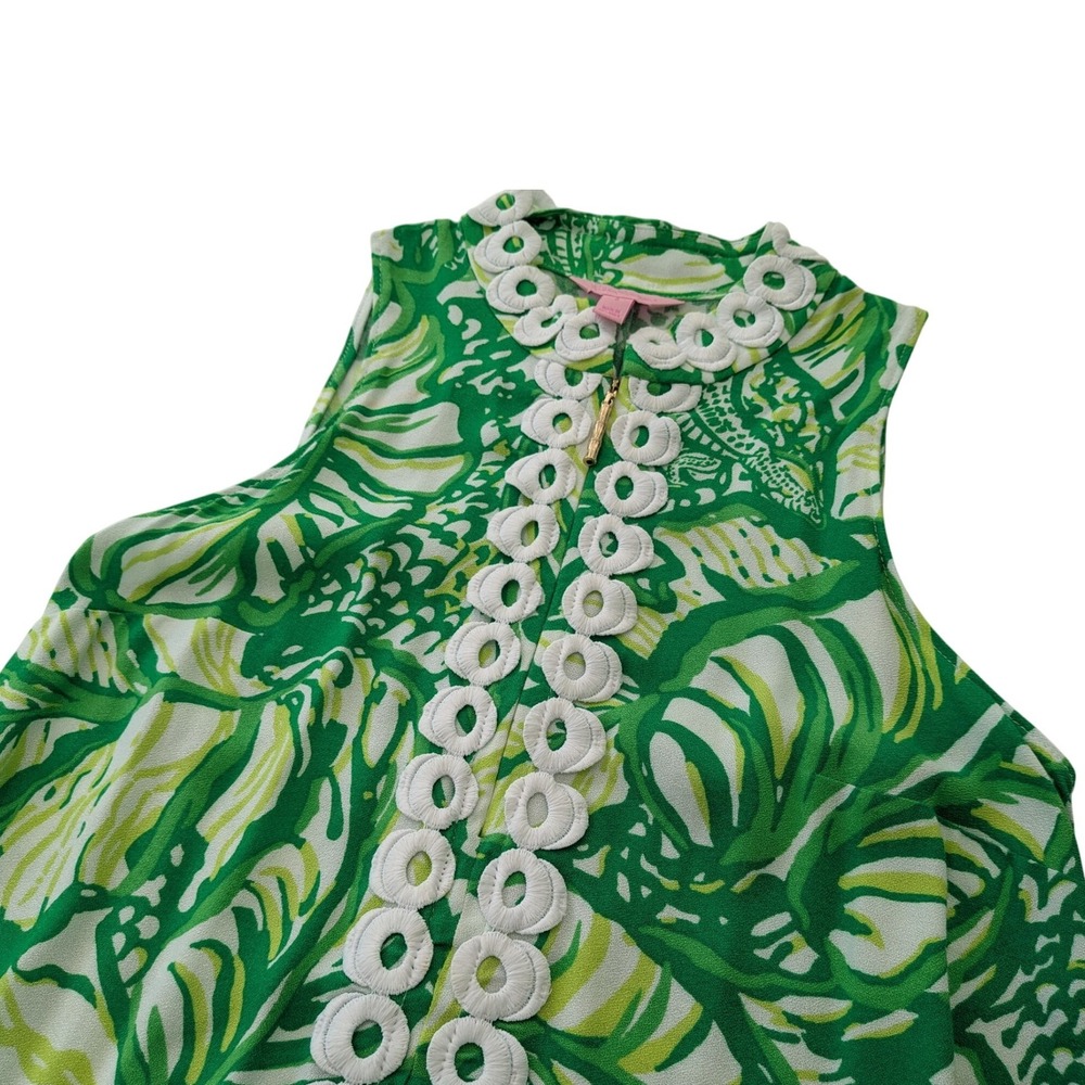 Lilly Pulitzer Green Tropical Palm Lace Trim Sleeveless Shift Dress Size 2